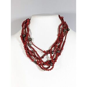 Premier Designs Red Acrylic Bead Multi Strand Statement Necklace 21" Bronze Tone